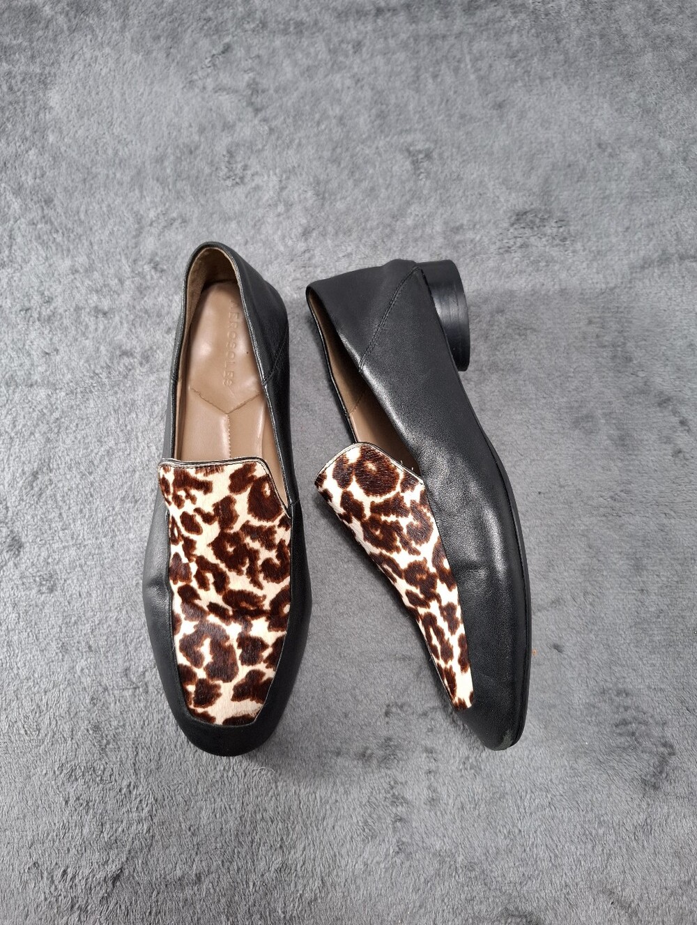 AEROSOLES Soft Leather Black Loafers with Brown Leopard Print Panel Sz 8